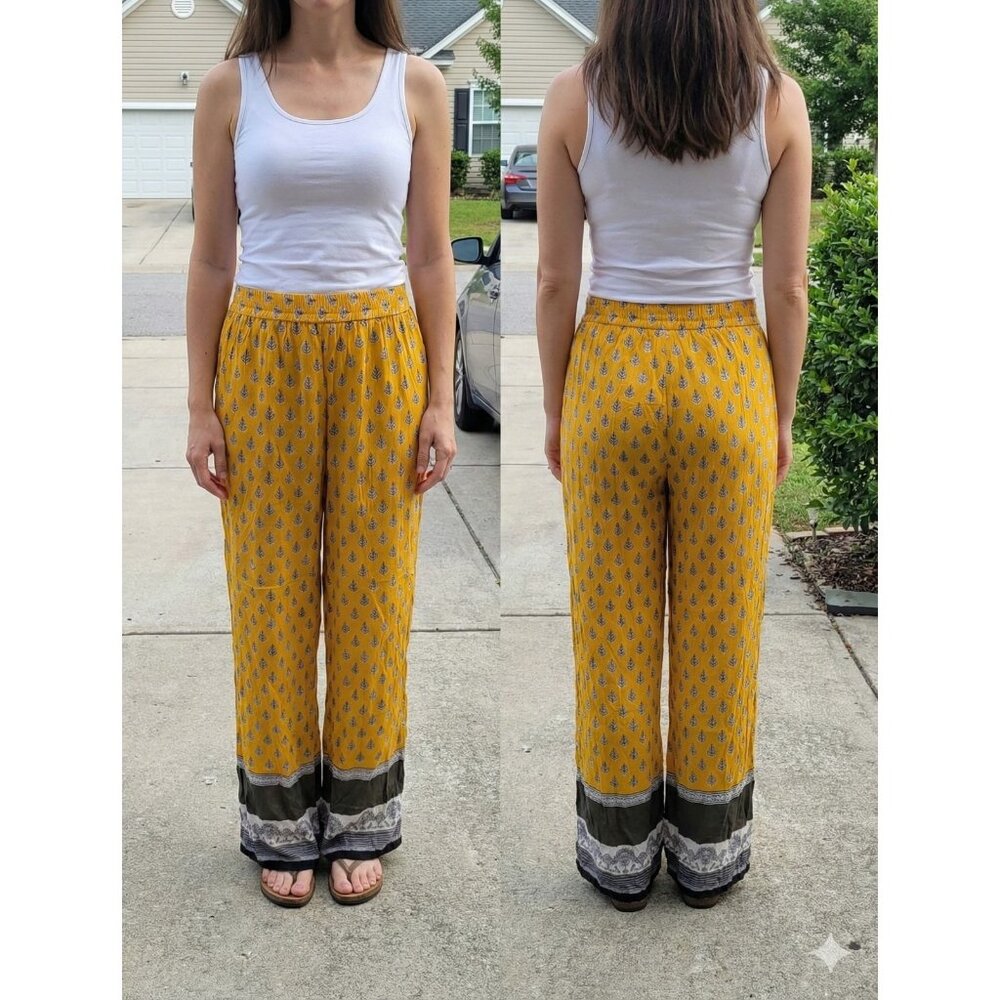 Connection 18 Boho Mustard Yellow Leaf Print Wide Leg Palazzo Pants Small